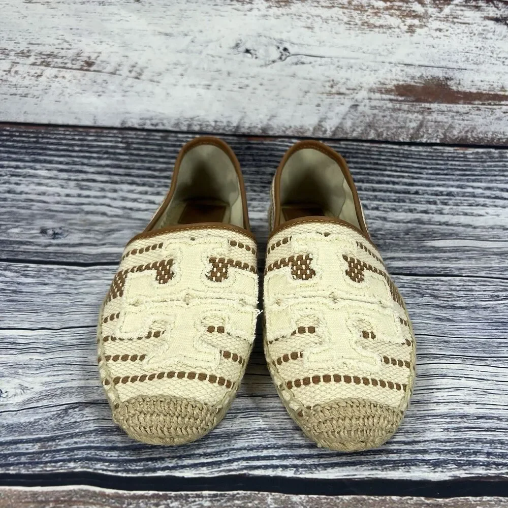 NEW Tory Burch Shaw Espadrille White Tan Logo Canvas Flats Women’s Size 10